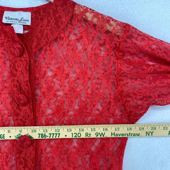 VICTORIA LANE BONNIE GOLDMAN Top S Sheer Lace Floral Button Up Long Sleeve Red - Picture 11 of 12